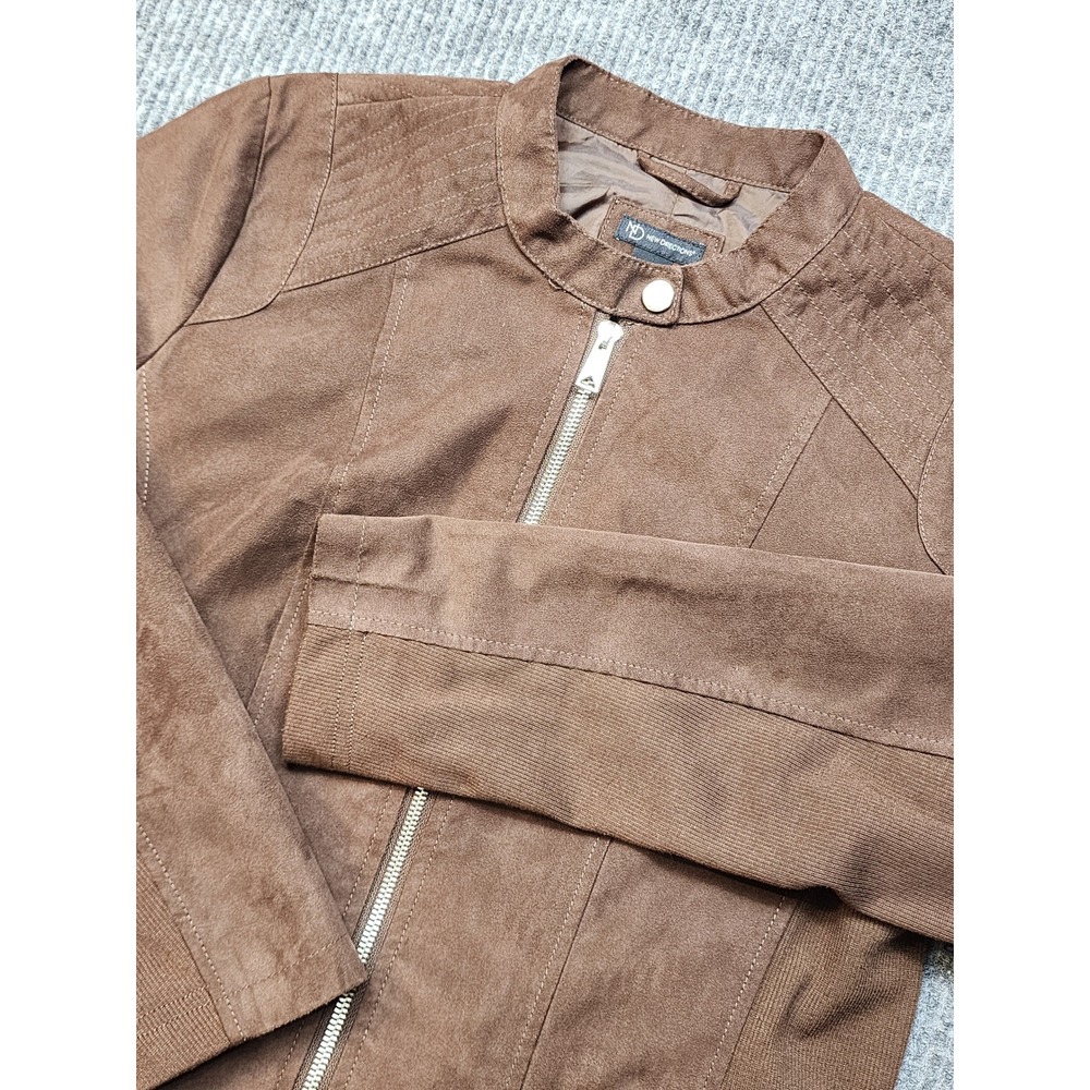 New Directions Brown Faux Suede Moto Jacket Ribbed Knit Panels Size M 1635